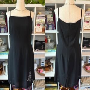 Vintage 90s Whimsy Dark Fairy Floral Square Neck Midi Shift Dress Black Wms L